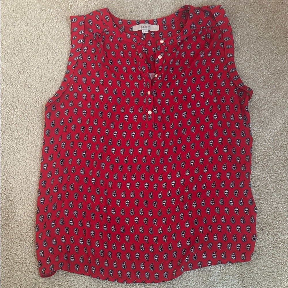 LOFT red mixed media paisley sleeveless top with button detail